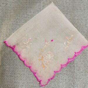 Antique Edwardian Silk Hand Embroidered Handkerchief Pink Scallop Edge